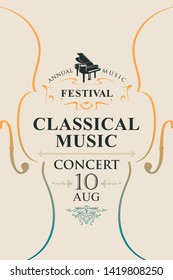 Vector poster for the annual festival of classical music with violins and grand piano on a light background in retro style