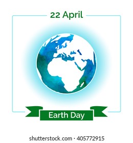 Vector poster for April 22, International Earth Day. Flat design element. Globe and green ribbon as a concept for Earth Day. Template for sticker, banner or card. Globe icon.