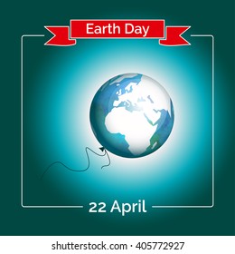 Vector poster for April 22, International Earth Day. Flat design element. Globe and red ribbon as a concept for Earth Day. Template for sticker, banner or card. Globe as a baloon.