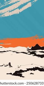 Vector poster of an Arctic landscape, with simple shapes and lines. The sky is a bold combination of orange and blue. theme anime, gamer, cyber, punk. Vector illustration