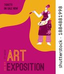 Vector poster of Art Exposition at City Museum concept. Artist holding color palette and paintbrush. Invitation design at exhibition of modern gallery. Character illustration of advertising banner
