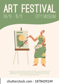 Vector poster of Art Festival at City Museum concept. Artist painting abstract picture. Invitation design at exhibition of modern gallery or museum. Character illustration of advertising banner