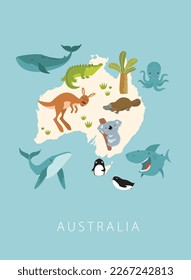 Vector poster "Australia" with animals of the continent. Cartoon characters. Cartoon animals. Kangaroo, koala, whale, crocodile, penguin, platypus, octopus