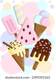 Vector poster background of cute cartoon ice cream. Ice cream on a stick, in a waffle cup, with chocolate icing, fruit ice, frozen watermelon. In soft pink and blue tones. Photo wallpaper