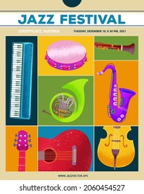 Vektorplakathintergrund für das Jazzfestival. Jazz Musikfestival, Konzert, Veranstaltung mit Musikinstrumenten, Plakat oder Einladungsflyer-Vorlage. Musikgrafik im zeitgenössischen Cartoon-Stil.
