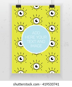 Vector Poster Background . Template Poster . Poster design . In this document, in light frame hanging with clips on a light background . vector illustration. Vector layout - EPS 10. poster