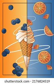 Vector poster background with two ice-cream in waffle cone with blueberries, oranges. Bright illustration for banner, poster design, advertising, flayer,  menu decoration, cafe design.