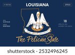 Vector poster background of the US state of Louisiana, with name, map borders, state flag design, nickname, order number and date of admission to the Union, capital, area. Illustration 18 of 50.