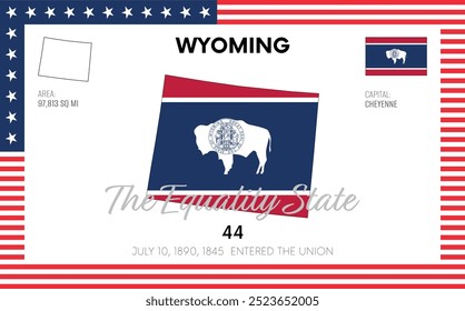 Vector poster background of the US state of Wyoming, with name, map, flag, borders, nickname, order number and date of admission to the Union, capital, area. Illustration 50 of a series of 50.