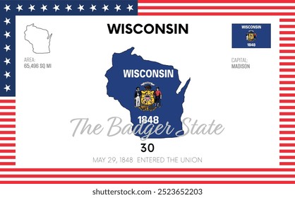 Vector poster background of the US state of Wisconsin, with name, map, flag, borders, nickname, order number and date of admission to the Union, capital, area. Illustration 49 of a series of 50.