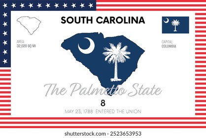 Vector poster background of the US state of South Carolina, with name, map, flag, borders, nickname, order number and date of admission to the Union, capital, area. Illustration 40 of a series of 50.