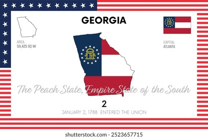 Vector poster background of the US state of Georgia, with name, map, state flag, borders, nickname, order number and date of admission to the Union, capital, area. Illustration 10 of a series of 50.