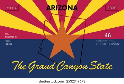 Vector poster background of the US state of Arizona, with name, map borders, state flag design, nickname, order number and date of admission to the Union, capital, area. Illustration 3 of 50.