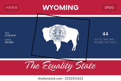 Vector poster background of the US state of Wyoming, with name, map borders, state flag design, nickname, order number and date of admission to the Union, capital, area. Illustration 50 of 50.