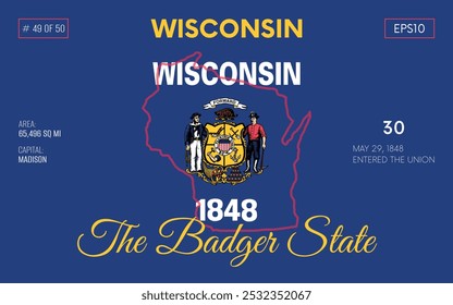 Vector poster background of the US state of Wisconsin, with name, map borders, state flag design, nickname, order number and date of admission to the Union, capital, area. Illustration 49 of 50.