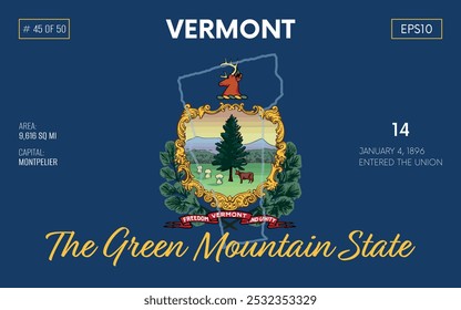 Vector poster background of the US state of Vermont, with name, map borders, state flag design, nickname, order number and date of admission to the Union, capital, area. Illustration 45 of 50.