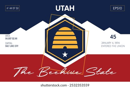 Vector poster background of the US state of Utah, with name, map borders, state flag design, nickname, order number and date of admission to the Union, capital, area. Illustration 44 of 50.