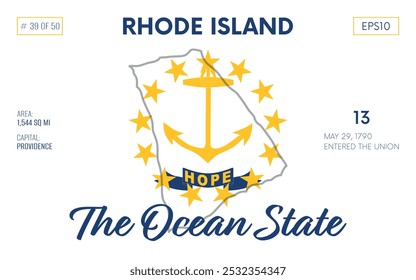 Vector poster background of the US state of Rhode Island, with name, map borders, state flag design, nickname, order number and date of admission to the Union, capital, area. Illustration 39 of 50.