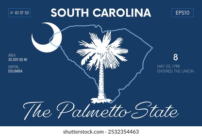 Vector poster background of the US state of South Carolina, with name, map borders, state flag design, nickname, order number and date of admission to the Union, capital, area. Illustration 40 of 50.