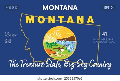 Vector poster background of the US state of Montana, with name, map borders, state flag design, nickname, order number and date of admission to the Union, capital, area. Illustration 26 of 50.