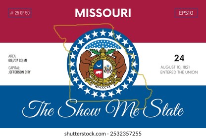 Vector poster background of the US state of Missouri, with name, map borders, state flag design, nickname, order number and date of admission to the Union, capital, area. Illustration 25 of 50.