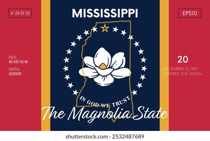 Vector poster background of the US state of Mississippi, with name, map borders, state flag design, nickname, order number and date of admission to the Union, capital, area. Illustration 24 of 50.