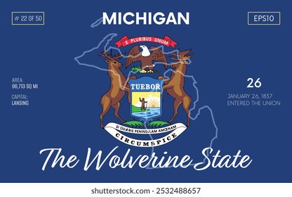 Vector poster background of the US state of Michigan, with name, map borders, state flag design, nickname, order number and date of admission to the Union, capital, area. Illustration 22 of 50.