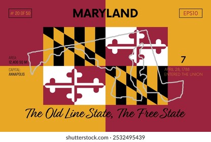 Vector poster background of the US state of Maryland, with name, map borders, state flag design, nickname, order number and date of admission to the Union, capital, area. Illustration 20 of 50.