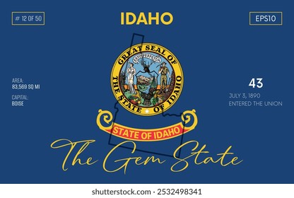 Vector poster background of the US state of Idaho, with name, map borders, state flag design, nickname, order number and date of admission to the Union, capital, area. Illustration 12 of 50.