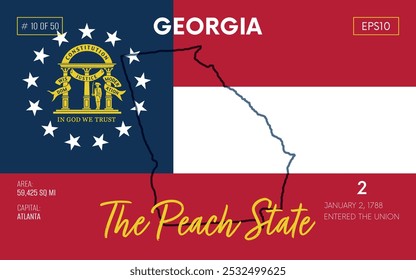 Vector poster background of the US state of Georgia, with name, map borders, state flag design, nickname, order number and date of admission to the Union, capital, area. Illustration 10 of 50.