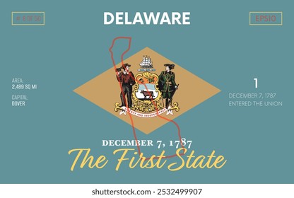 Vector poster background of the US state of Delaware, with name, map borders, state flag design, nickname, order number and date of admission to the Union, capital, area. Illustration 8 of 50.