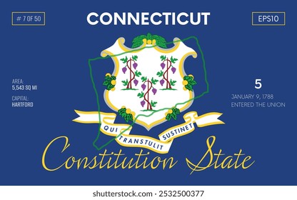 Vector poster background of the US state of Connecticut, with name, map borders, state flag design, nickname, order number and date of admission to the Union, capital, area. Illustration 7 of 50.