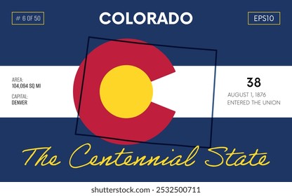 Vector poster background of the US state of Colorado, with name, map borders, state flag design, nickname, order number and date of admission to the Union, capital, area. Illustration 6 of 50.