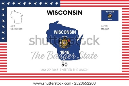 Vector poster background of the US state of Wisconsin, with name, map, flag, borders, nickname, order number and date of admission to the Union, capital, area. Illustration 49 of a series of 50.