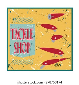 vector poster with bait wobblers for fishing tackle shop on retro background 
