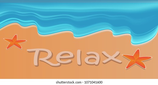 vector poster banner for advertising beach holiday on the sunny beach with sea and waves of ocean water with sea stars and inscription text relax on a hot summer day