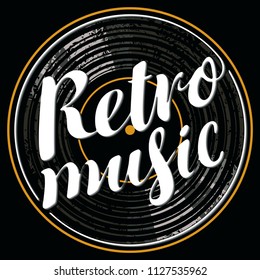 Vector poster or banner with calligraphy lettering Retro music on the background of vinyl record in retro style