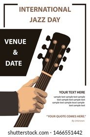 Vector poster, banner design for jazz day with illustration of guitar in hand