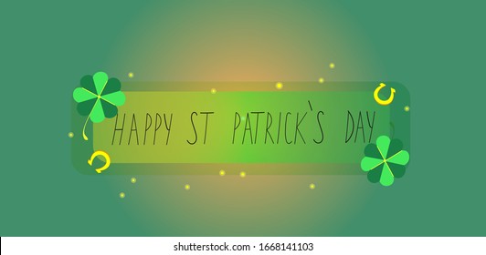 Vector poster, banner, flyer, card or invitation to pub party or concert. High quality template design of Happy St Patricks Day 17 march with text. Magic irish symbols of luck clover, shoe on green.