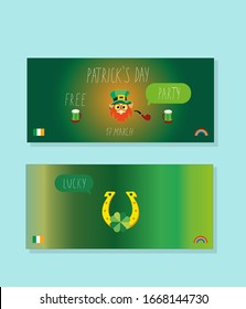 Vector poster, banner, flyer, card or invitation to pub party or concert. Mockup design of St Patricks Day (17 march) with room for text. Magic irish leprechaun with clover, beer, flag on green.