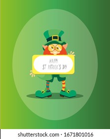 Vector poster, banner, flyer, card, invitation to pub party or concert. High quality template design of Happy St Patricks Day 17 march with room for text. Magic irish leprechaun with sign on green. 

