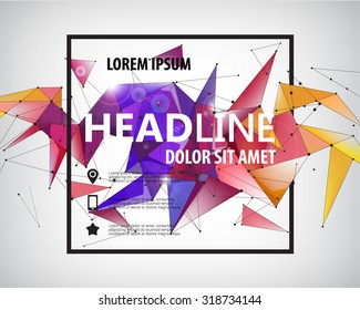 Vector Poster, Banner, Flyer, Cover, Brochure faceted Template design. Modern crystal 3d shape with text space and square