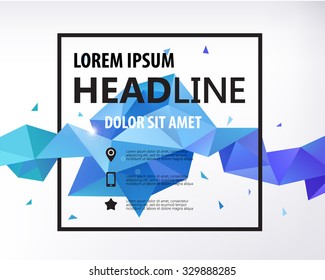 Vector Póster, Anuncio, Flyer, Cubierta, Diseño de Plantilla de folleto. Forma 3d de cristal moderno con espacio de texto y marco cuadrado. Forma facetada azul