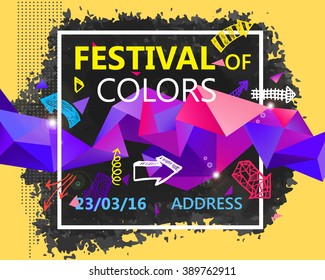 Vector Poster, Banner, Flyer, Cover, Brochure faceted Templates design. Modern crystal 3d shapes with text space and square. Party poster, invitation. Colorful, modern. Festival of colors