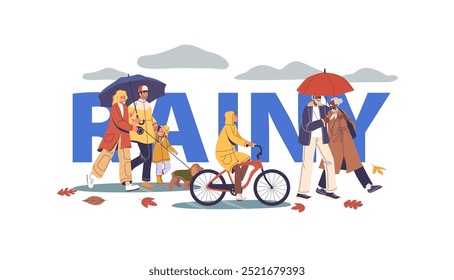 Vector Poster, Banner or Flyer with People Walking And Biking On A Rainy Day. Concept Captures The Vibrant Autumn Scene
