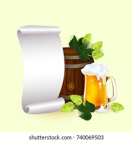 vector poster, banner with free space for text with glass mug and barrel of golden lager beer with hop leaves, cones. Ready for design mockup template. Isolated illustration on a white background.