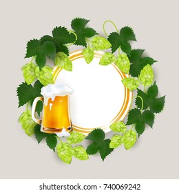 vector poster, banner with full mug of golden lager beer with thick white foam in hop leaves circle template. Ready for your design mockup. Isolated illustration on a white background.