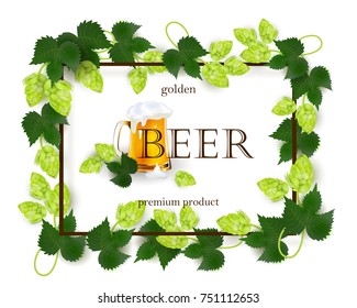 vector poster, banner with full mug of golden lager beer with thick white foam in hop leaves template. Ready for your design mockup. Isolated illustration on a white background.