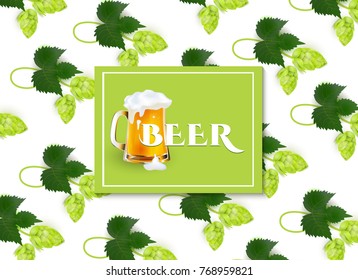 vector poster, banner with full mug of golden lager beer with thick white foam in hop leaves pattern template. Ready for your design mockup. Isolated illustration on a white background.
