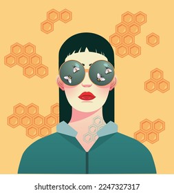 Vector poster or banner with a girl in glasses with bees and honeycomb on a yellow background. 